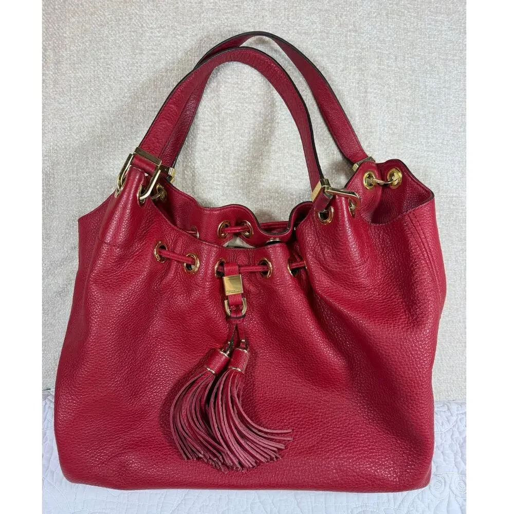 Michael Kors Women's Red Pebbled Leather Hobo Shoulder Handbag Purse Classic